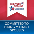 A badge with a red background on top and blue background on bottom. In the red background are the words Military Spouse Employment Partnership. In the blue background, the words Committed to Hiring Military Spouses